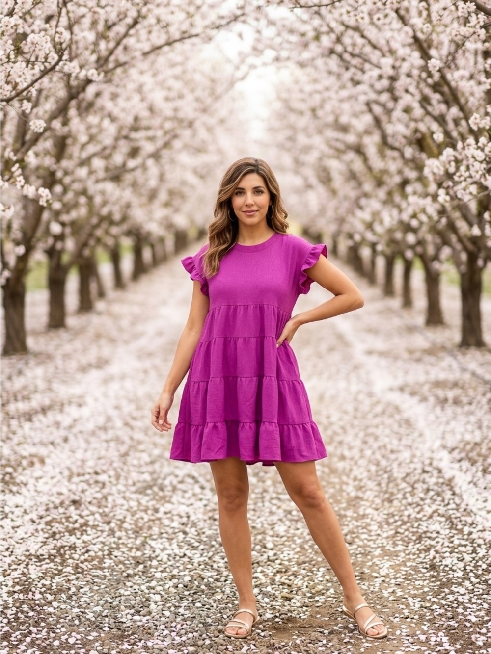 Magenta Tiered Ruffle Sleeve Babydoll Dress